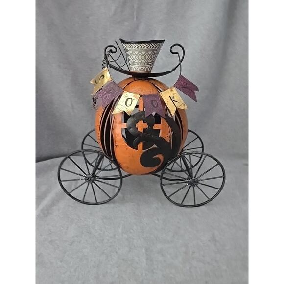 Spooky Halloween Pumpkin Coach Tea Light Decor 14" X 15" - Picture 2 of 8